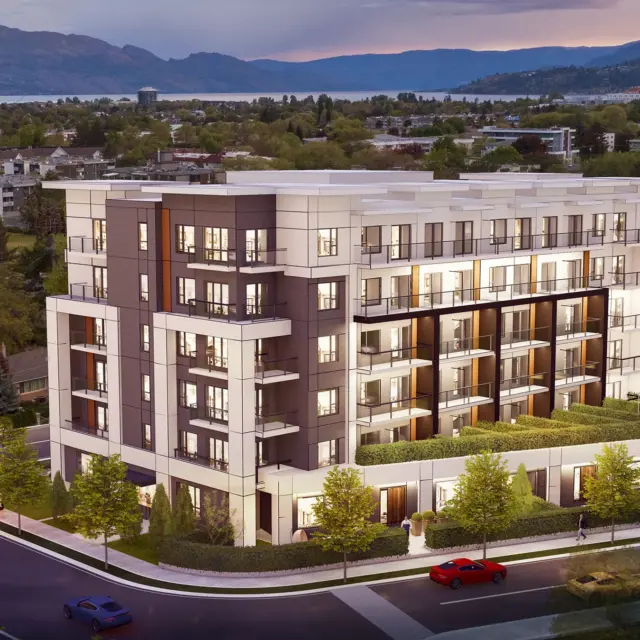 The Anacapri aerial view computer rendering of a new condo development, a real estate development sold by Vantage West Project Sales in Kelowna BC.